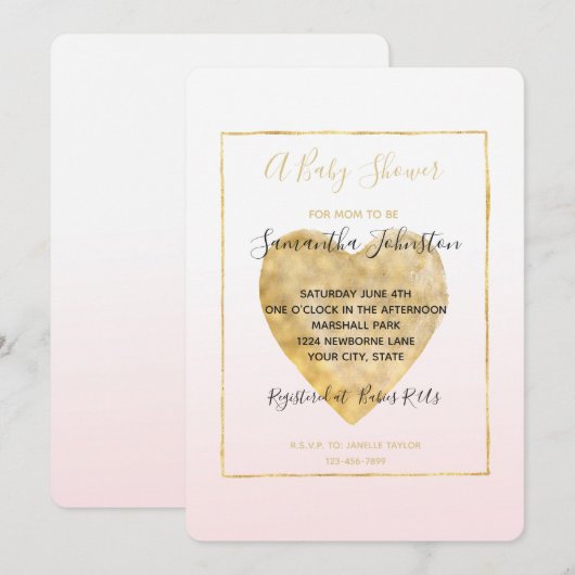 Gold Heart Blush Pink Ombre Baby shower Kaart (Voorkant / Achterkant)