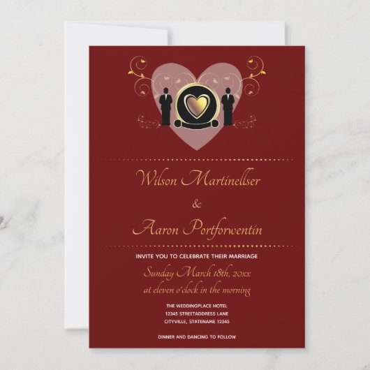 Gold Heart Bourgondië Mannelijke LGBTQ bruiloft ui Kaart (Voorkant)