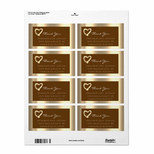 Gold Heart Browns Lijst Wedding Bridal RSVP Etiket (Full Sheet)