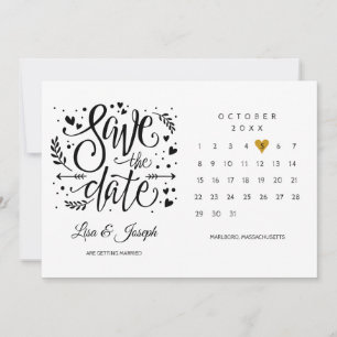 Gold Heart Calendar Black en White Save The Date