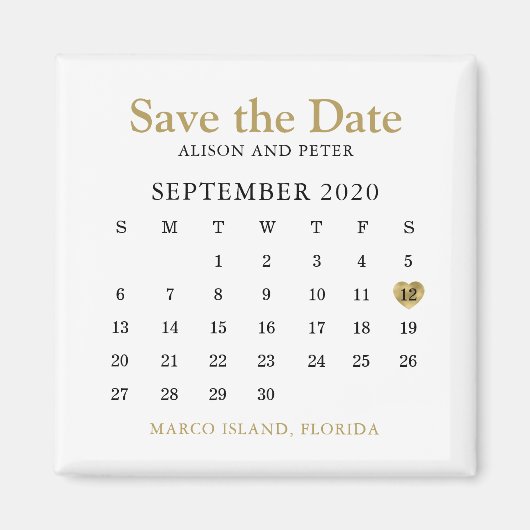 Gold Heart Calendar Wedding Save the Date Magneet (Voorkant)