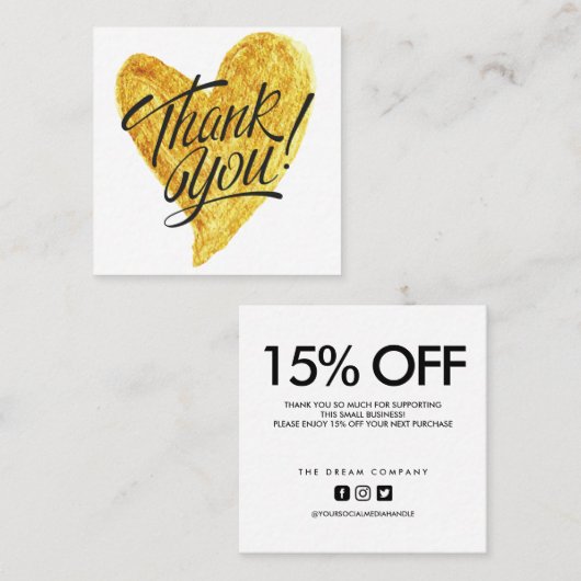 Gold Heart Calligraphy Korting - Hartelijk dank Vierkante Visitekaartje (Voorkant / Achterkant)