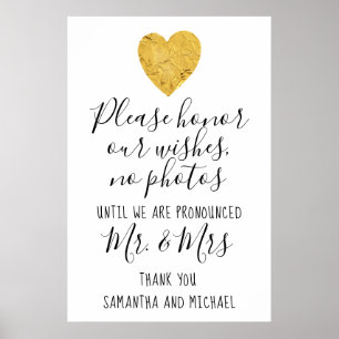 Gold Heart Camera Free Wedding Ceremony Sign Poster