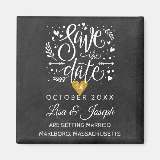Gold Heart Chalkboard Save the Date Magneet (Voorkant)