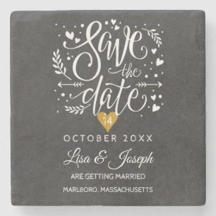 Gold Heart Chalkboard Save the Date Stenen Onderzetter