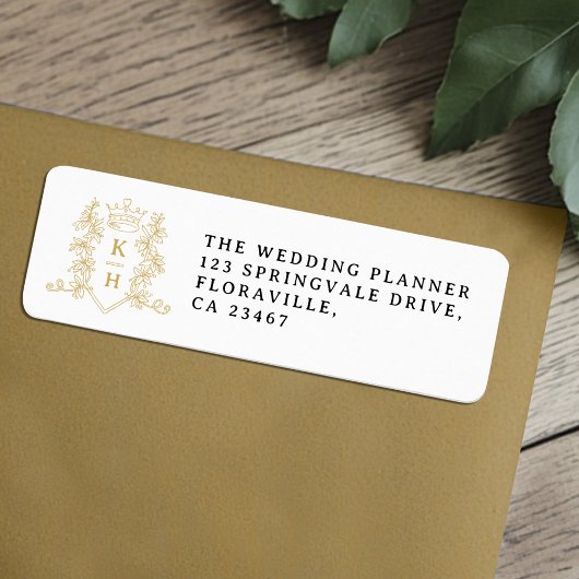 Gold heart crown monogram wedding return label