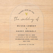 Gold Heart Elegant Modern Script Wedding Acryl Uitnodigingen (Voorkant)