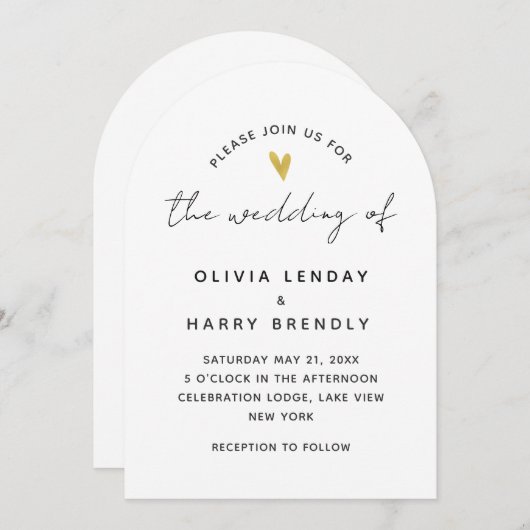 Gold Heart Elegant Modern Script Wedding Kaart (Voorkant / Achterkant)