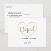 Gold Heart Eloped Text Marriage Notice Card Briefkaart (Voorkant / Achterkant)