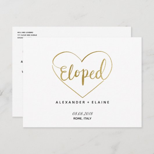 Gold Heart Eloped Text Marriage Notice Card Briefkaart (Voorkant / Achterkant)
