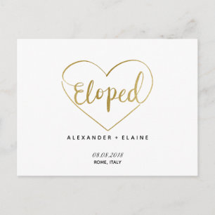 Gold Heart Eloped Text Marriage Notice Card Briefkaart