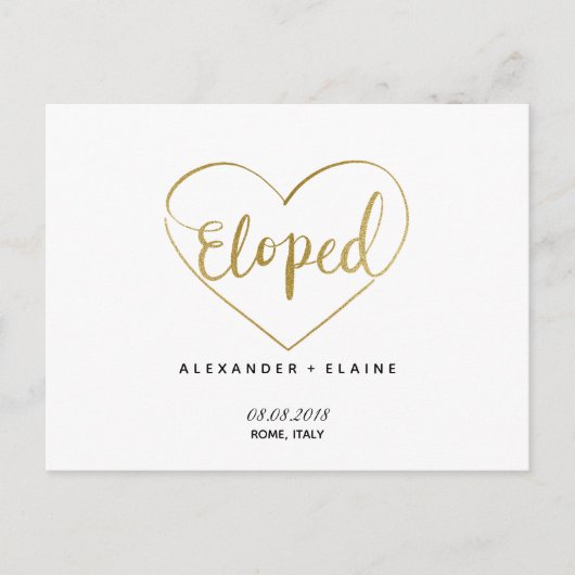 Gold Heart Eloped Text Marriage Notice Card Briefkaart (Voorkant)
