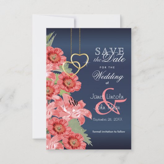 Gold Heart en Coral Flowers - Bewaar de datum Save The Date (Voorkant)