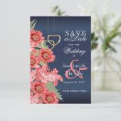 Gold Heart en Coral Flowers - Bewaar de datum Save The Date (Staand voorkant)