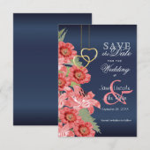Gold Heart en Coral Flowers - Bewaar de datum Save The Date (Voorkant / Achterkant)