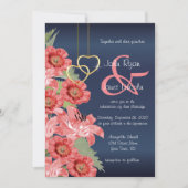 Gold Heart en Coral Flowers Wedding Invitations Kaart (Voorkant)