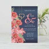 Gold Heart en Coral Flowers Wedding Invitations Kaart (Staand voorkant)