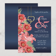 Gold Heart en Coral Flowers Wedding Invitations