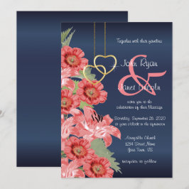 Gold Heart en Coral Flowers Wedding Invitations Kaart
