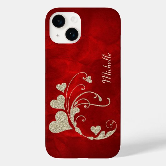Gold Heart Faux Glitter op Red Case-Mate iPhone Case (Achterkant)