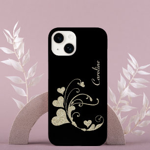 Gold Heart Faux Glitter op zwart Case-Mate iPhone 14 Hoesje