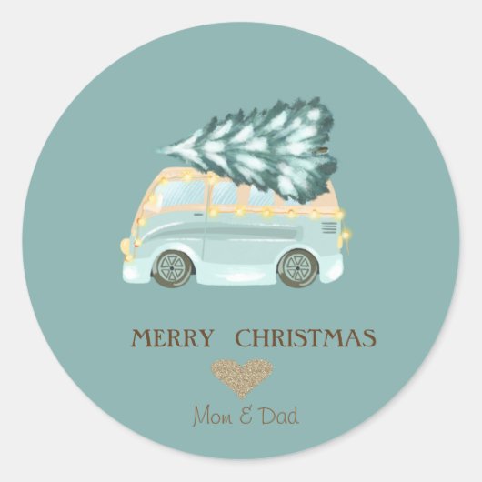 Gold Heart, Green Truck Pine Tree Kerstmis Ronde Sticker (Voorkant)