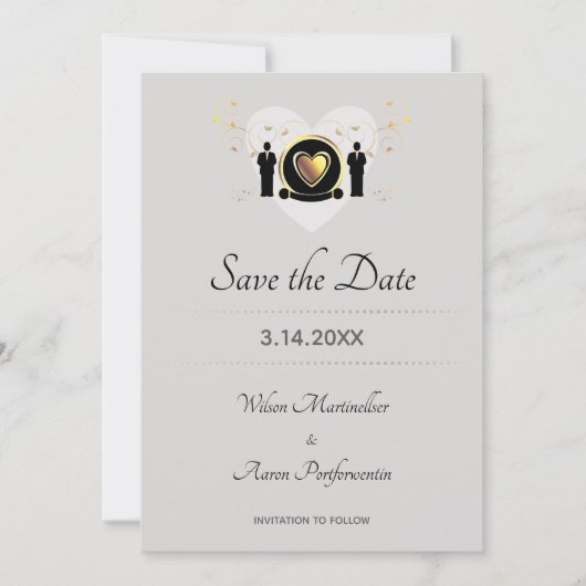 Gold Heart Grooms LGBTQ Save The Date (Voorkant)