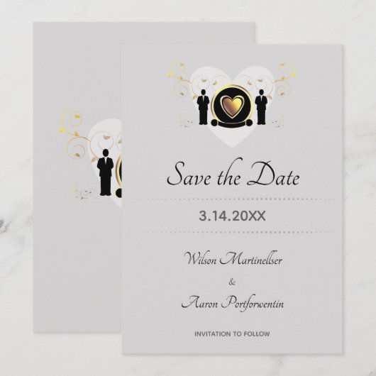 Gold Heart Grooms LGBTQ Save The Date (Voorkant / Achterkant)