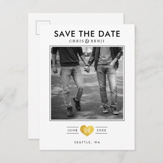 Gold Heart LGBTQ Save the Date with Photo Briefkaart (Voorkant / Achterkant)
