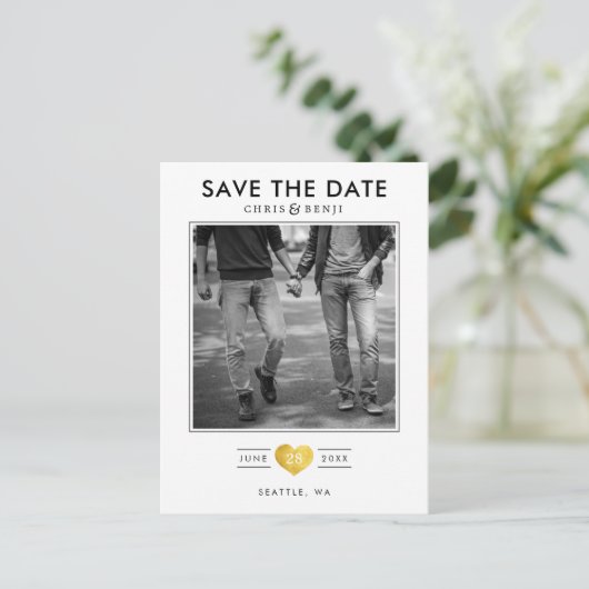 Gold Heart LGBTQ Save the Date with Photo Briefkaart (Staand voorkant)