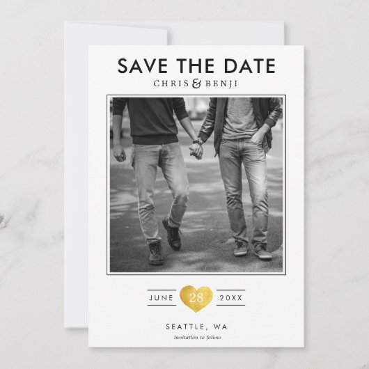 Gold Heart LGBTQ Sparen de Datum met Foto Save The Date (Voorkant)