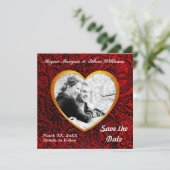 Gold Heart Lijst & Red Fabric Foto toevoegen Save The Date (Staand voorkant)