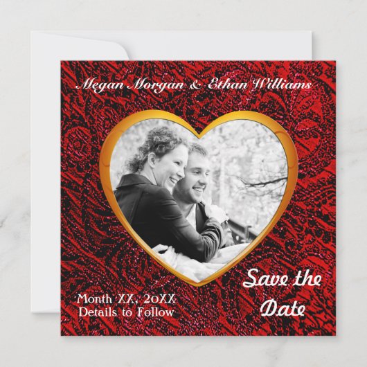 Gold Heart Lijst & Red Fabric Foto toevoegen Save The Date (Voorkant)