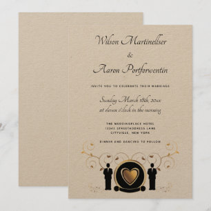 Gold Heart Male Wedding Kraft Paper LGBTQ Kaart