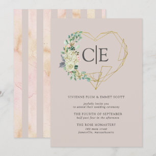 Gold Heart Monogram White Rose Hydrangea Wedding Kaart