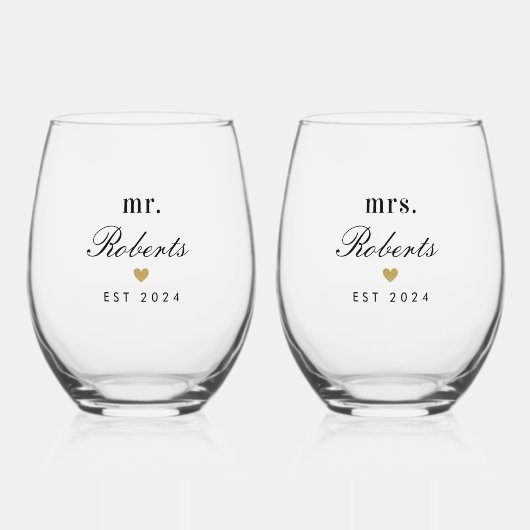 Gold Heart Mr en Mrs Pas getrouwd Gift Wijnglas Zonder Voet (Voorkant)