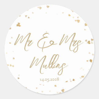 Gold Heart “Mr & Mrs” Wedding Ronde Sticker