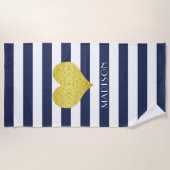 Gold Heart Name Nautical Blue and White Stripes Strandlaken (Voorkant)