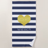 Gold Heart Name Nautical Blue and White Stripes Strandlaken (Voorkant)