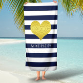 Gold Heart Name Nautical Blue and White Stripes Strandlaken