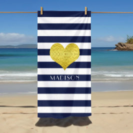 Gold Heart Name Nautical Blue and White Stripes Strandlaken