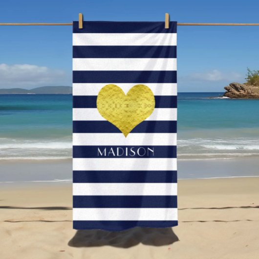 Gold Heart Name Nautical Blue and White Stripes Strandlaken