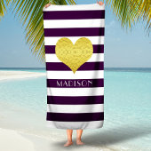 Gold Heart Name Paarse Stripes Pattern Strandlaken