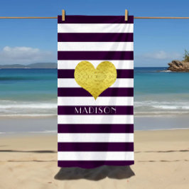 Gold Heart Name Paarse Stripes Pattern Strandlaken