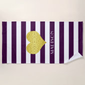 Gold Heart Name Paarse Stripes Pattern Strandlaken (Voorkant)