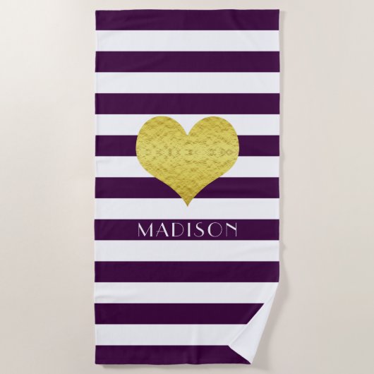 Gold Heart Name Paarse Stripes Pattern Strandlaken (Voorkant)