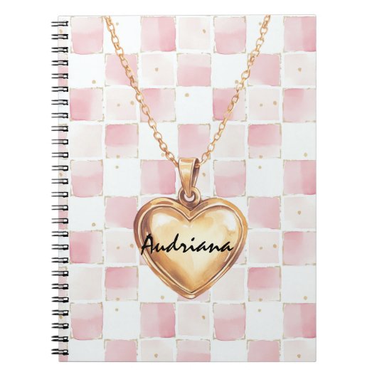 Gold Heart Necklace Pink White Squares Notitieboek (Voorkant)
