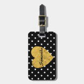 Gold Heart op zwart en wit Polka Dots Bagagelabel (Voorkant verticaal)