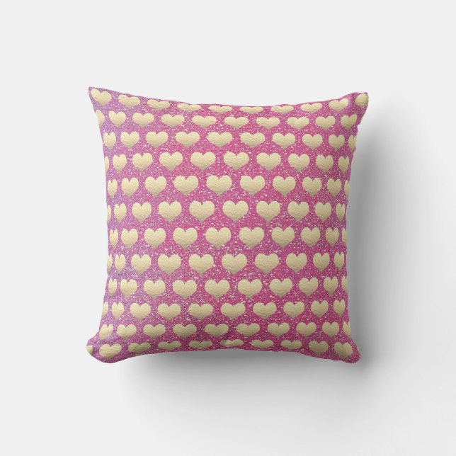 Gold Heart Pattern Valentijnsdag Roze Glitter Buitenkussen (Voorkant)