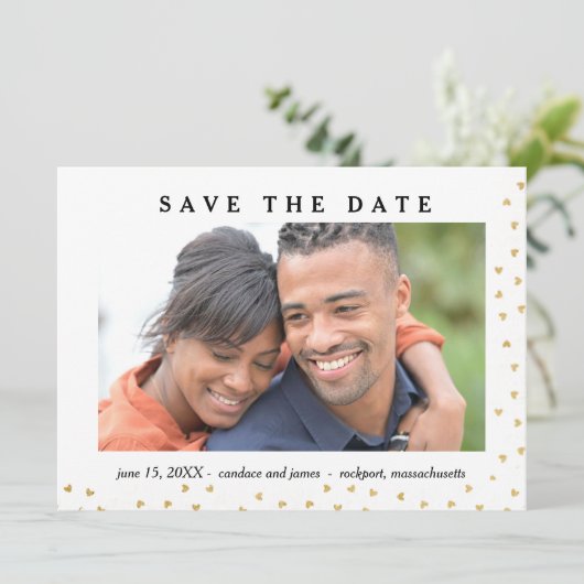 Gold Heart Photo Save the Date Kaart (Staand voorkant)